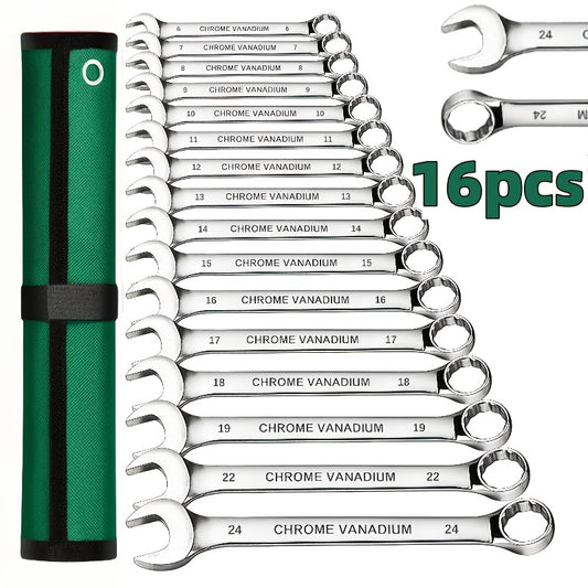 Combination Wrench Set 6-22mm Double End Wrench Set with Storage Case, Industrial Wrench, Rust-Proof Chrome Steel for Motorcycle & Bike Repair