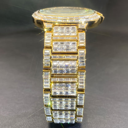 1pc PLADEN Luxury Men'S Square Ice Watch with Rhinestones, Fashion Hip-Hop Faux Faux Faux Gemstone, Round Dial, Alloy Band, Quartz Movement, Battery Operated, Water Resistant, for Party, New Year, Independence Day, Ramadan