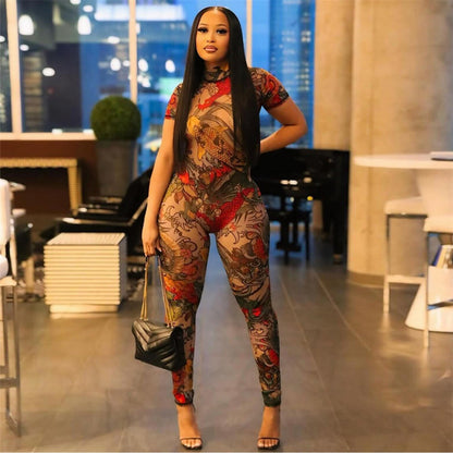 2025 Summer New Women'S Backless Fashion Printed Transparent Mesh Jumpsuit | European and American Style, Sexy, Crew Neck, Suitable for All Seasons.