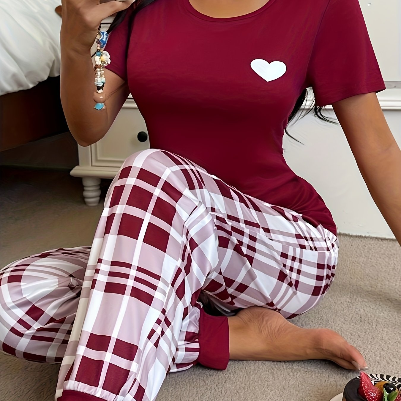 Women'S Red & Plaid Long Pajama Set - Cozy Fall Pajamas with Heart Pattern, Round Neck, Casual Style, All-Season Comfort, Perfect for Home Relaxation, Cozy Home Wear | Plaid Pajama Set | Comfortable Fit