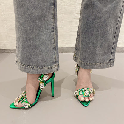 Women'S Rhinestone-Adorned Cross Strap Open-Toe High Heel Sandals - Ultra-High Stiletto Heels, PU Cover Upper & Lining, European & American Style Elegant Party & Formal Dress Shoes with Cushioned Insole, Durable Rubber Sole -