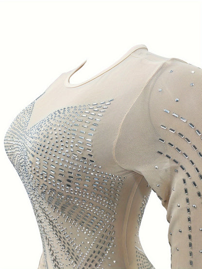 Long Sleeve Maxi Dress - Elegant Sheer Mesh with Rhinestone Detail - Bodycon Fit for Women - Perfect for Spring/Summer/Fall