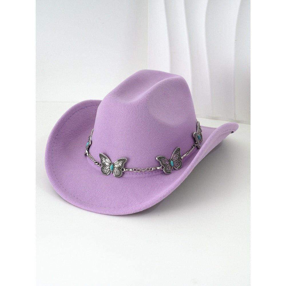 Women'S Bohemian Turquoise & White Cowboy Hat - Felt Wide Brim Sun Hat with Butterfly Metal Chain Accent, Non-Stretch Formal & Western Style for Christmas, Festivals, Casual Attire - Hand Washable Elegant Felt Cowboy Cap, Cow
