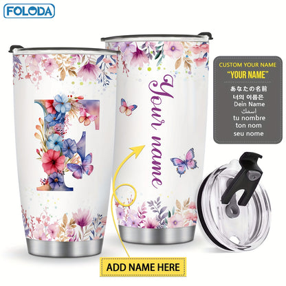 Foloda 1pc Personalized Flower Initials Tumbler Christmas Gift 20oz Mug with Letter Flower Butterfly, Travel Cup for Wedding Birthday Graduation Party, Birthday Valentine's Day Mother's Day Gifts Stainless Steel Mug with Lid