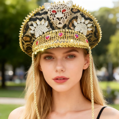 Steampunk Rhinestone Captain Hat for Women | Adjustable Shiny Glam Military Cap with Leopard Print, Perfect for Burning Man, Halloween, Music Festivals, Rave, Cosplay Costume, Carnival, Disco, Bachelorette Party | Sparkling P