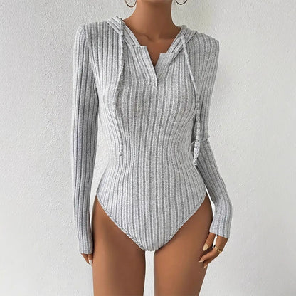 Women's Jumpsuit, V-neck Hooded Jumpsuit for Women, High-slit Bikini-style Slim-fit Loungewear, Brushed Ribbed Hooded Solid Color Jumpsuit and Romper