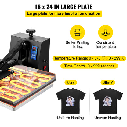 VEVOR 1700W Heat Press, 16x24/15x15/16x20in Power Heat Press Machine, High Pressure Fast Heating Heat Press Machine for T-Shirt, Digital Industrial Sublimation Printer for Heat Transfer Vinyl, Easy to Use, Black