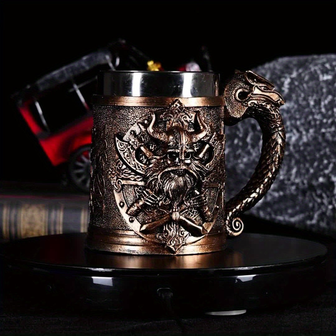 A Viking relief mug, a medieval European Viking beer mug made of stainless steel, with a large capacity of 20.3oz, a powerful Viking warrior coffee cup, a bar specialty cup, and a gift giving for daily life