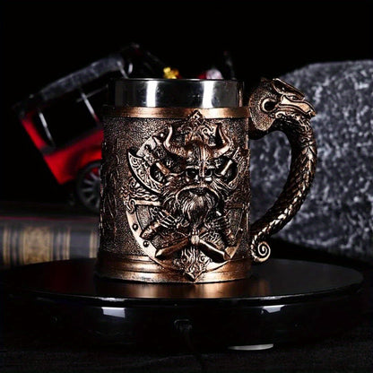 A Viking relief mug, a medieval European Viking beer mug made of stainless steel, with a large capacity of 20.3oz, a powerful Viking warrior coffee cup, a bar specialty cup, and a gift giving for daily life