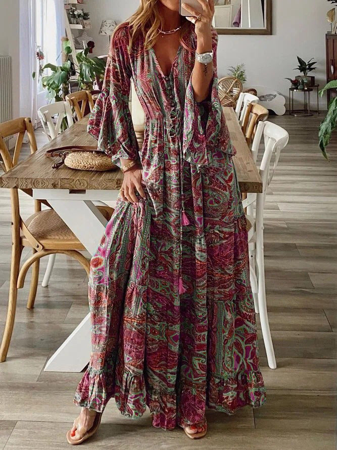 Women'S Autumn Fashion, Chic V-Neck Waist, A-Line Small Floral Design, Sophisticated Feminine Dress, Long Skirt