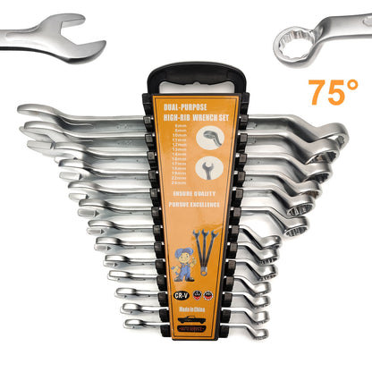 [13pcs Metric Wrench Set] 13pcs Offset Box Wrench Set, Metric Combination Wrench Set 6-24mm | 75° High-Rib, Cr-V Steel, with Rolling up Pouch, for Car, Motorcycle, Bicycle, Repair, Mechanical Tool