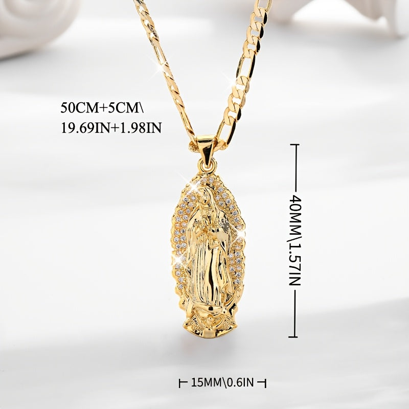 14K Golden Plated Virgin of Guadalupe Pendant Necklace with Sparkling Zirconia - Elegant Boho Style, Prayer & Blessing Charm, Perfect Mother'S Day Gift, Festive Jewelry | Elegant Boho Necklace | Zirconia Encrusted Pendant, Vi