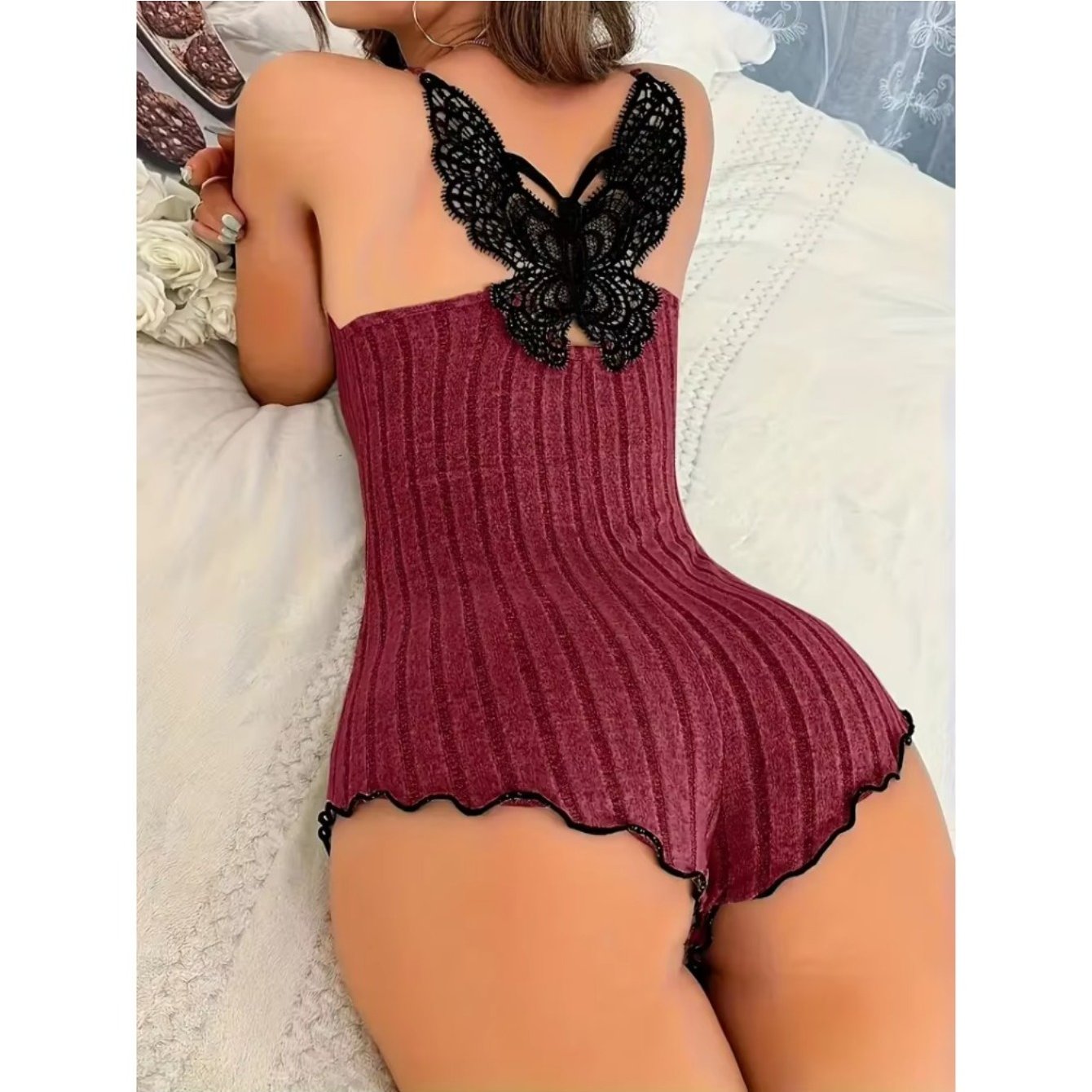 Back Butterfly Embroidery Design Pajamas for Womens Onesies | Summer Sleepwear Lace Splicing Bodysuit Loungerwear with Long Sleeves and Hooded Collar