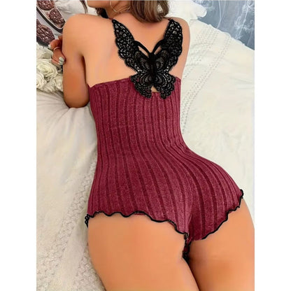 Back Butterfly Embroidery Design Pajamas for Womens Onesies | Summer Sleepwear Lace Splicing Bodysuit Loungerwear with Long Sleeves and Hooded Collar