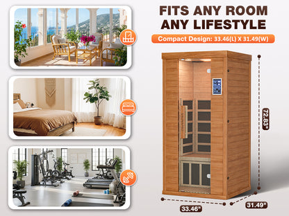 1-Person Sauna Room, Indoor Spectrum Infrared Sauna for Home, Dry Sauna with WiFi/BT Control and 5 Heater Panels, 9-Color Light Therapy, Safe Flame-Retardant Material, Wood Low EMF 1200W/120V Heater, Home Spa and Gym Use
