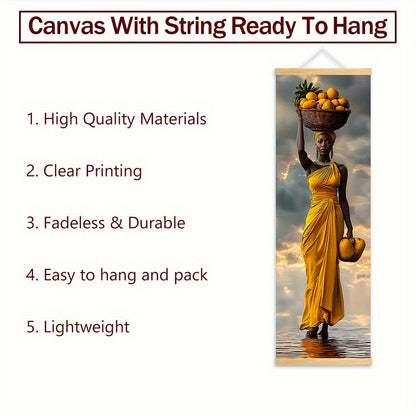 5pcs African Woman Wall Art Set - Bohemian Wood Framed Vertical Panel Paintings with Traditional Dress, Headwrap & Basket - Cultural Canvas Decor for Living Room, Bedroom, Cafe - Hook Installation ( Use)