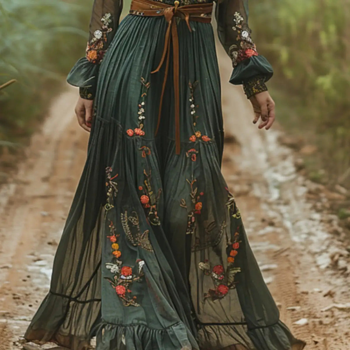 [Bohemian Style]Elegant Women's Round Neck Dress- Long Sleeve with Faux Drawstring Waist, High-Low Hem, Suitable for Spring, Summer, and Autumn, Casual and Elegant| High Waist Dress| Polyester fabric- belt not included, Autum
