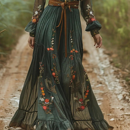 [Bohemian Style]Elegant Women's Round Neck Dress- Long Sleeve with Faux Drawstring Waist, High-Low Hem, Suitable for Spring, Summer, and Autumn, Casual and Elegant| High Waist Dress| Polyester fabric- belt not included, Autum