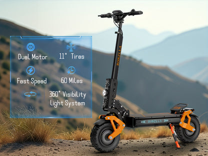 Fast Electric Scooter 60V 28.8A, 749W Dual Motor System for Unbeatable Speed, 60 Miles Long Range, Off Road All Terrain 11 Inch Tires, Full Suspensions & Seat, A True Hyper Scooter And One Of The Fastest Heavy Duty E-scooter