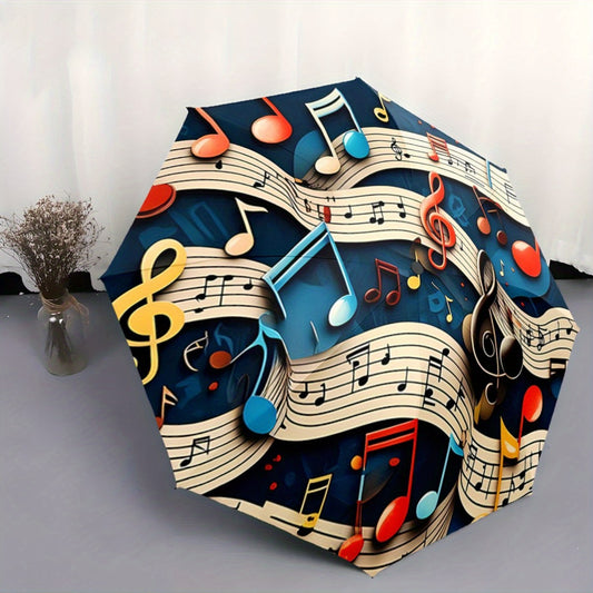 Automatic Folding Umbrella with Vibrant Musical Notes & Staff Lines Design - Portable Collapsible 8-Rib Umbrella for All Seasons, Casual Outdoor Accessory, Perfect Gift for Christmas, Birthdays & Festivals, Festive Accessory,