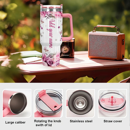 1pc Customized Name Stainless Steel Tumbler | 20oz/22oz/40oz Insulated Water with Lid, Reusable, Round Shape, 304 Stainless Steel, Ideal for Easter, Thanksgiving, Father'S Day, Mother'S Day, Graduation, White Diamond Butterfl