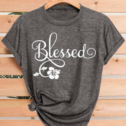 Women's Casual Short Sleeve T-Shirt - Blessed Floral Print Retro Style, Soft Stretch Round Neck Top, Machine Washable All-Season Comfort, Multi-Color Options S-XXL, Ladies T Shirts