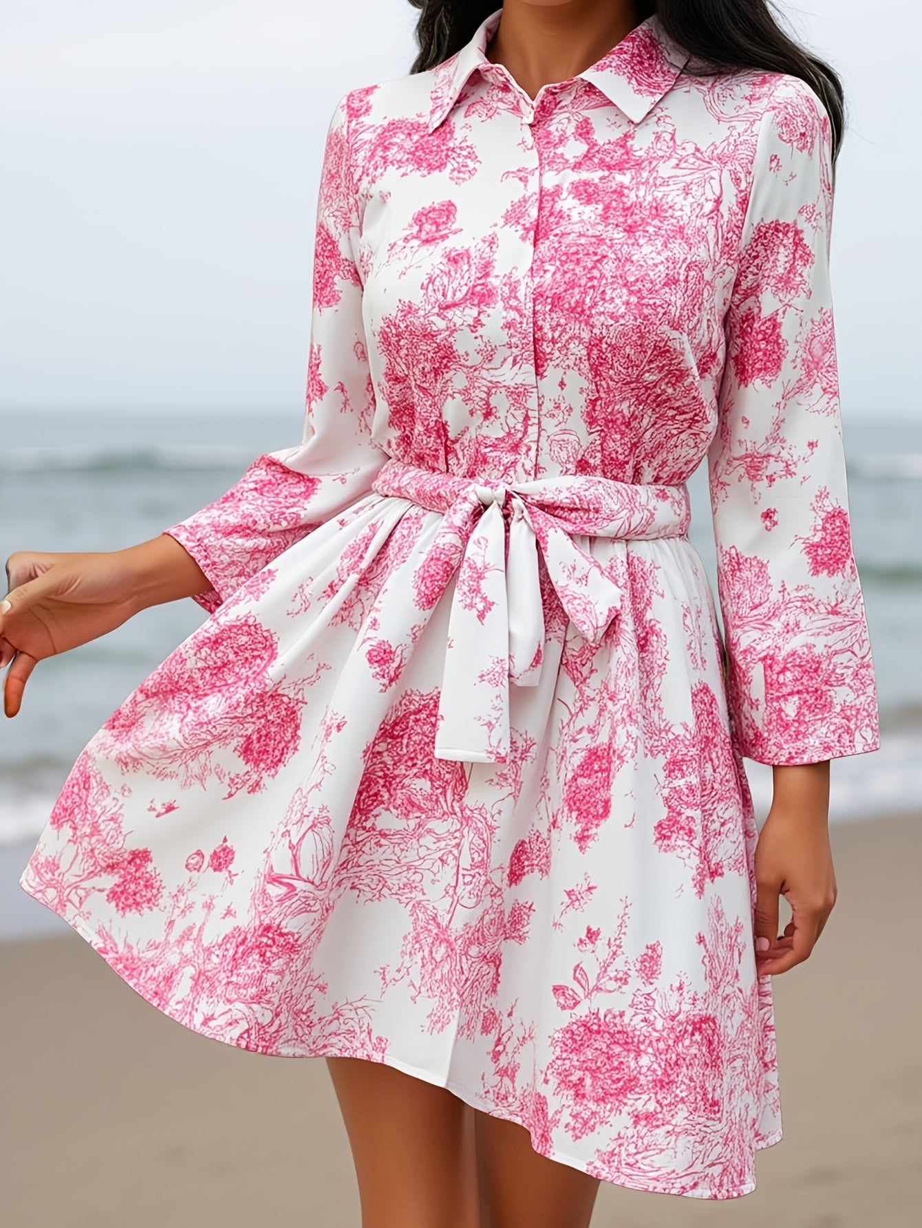 Shirt Collar Pink Floral Tie-Waist Dress | Vintage Sweet Style, Spring Summer Date Party Dress, Fitted with Lace-up Details