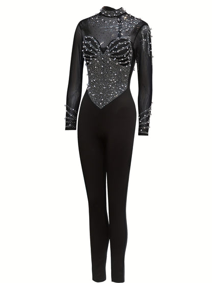 Elegant Women'S Black Jumpsuit with Pearl And Rhinestone Embellishments, Featuring Sheer Mesh Long Sleeves for Evening Events