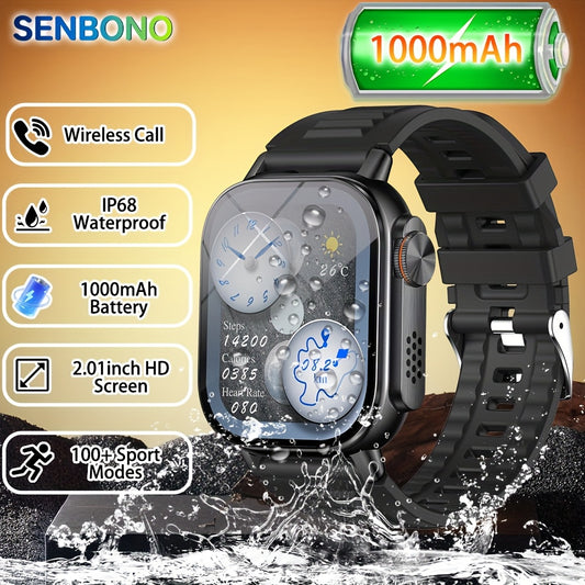SENBONO Men'S Smart Watch with LED Flashlight, 1000mAh Battery, 2.01" IPS Display, 240*296 Resolution, Waterproof, Wireless Call, Multi-Sport Fitness Watch, Ultra-Thin Design