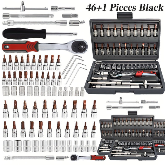 Premium 46pcs Professional Tool Kit, Car/bike Repair Tool Set with 1/4-inch Drive Depth And Standard Socket Wrench, High-performance Racing-grade Car Repair Tools, Tool Box Set, Tools Set Heavy Duty, Tools For Motorcycle, Soc