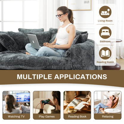 Modern 81" Oversized Bean Bag Chair - Upholstered Chenille Round Sofa Bed with Plush Fluffy Cushion, Deep Seat & Open Back Design, No Assembly Required, Gray Fabric for Living Room, Apartment, or Guest Room, Cozy Seating, Con