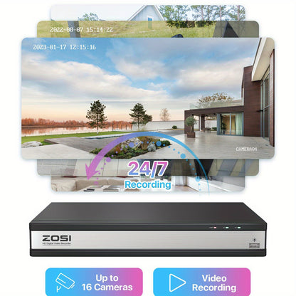 ZOSI H.265+ 16CH Security Camera System with 4TB Hard Drive, AI Human Vehicle Detection, 8 Bullet+8 Dome 1080P CCTV Camera Outdoor Indoor with 80ft Night Vision, 90°Wide Angle, No Monthly Fee,  Continuous Video Recording, Cc