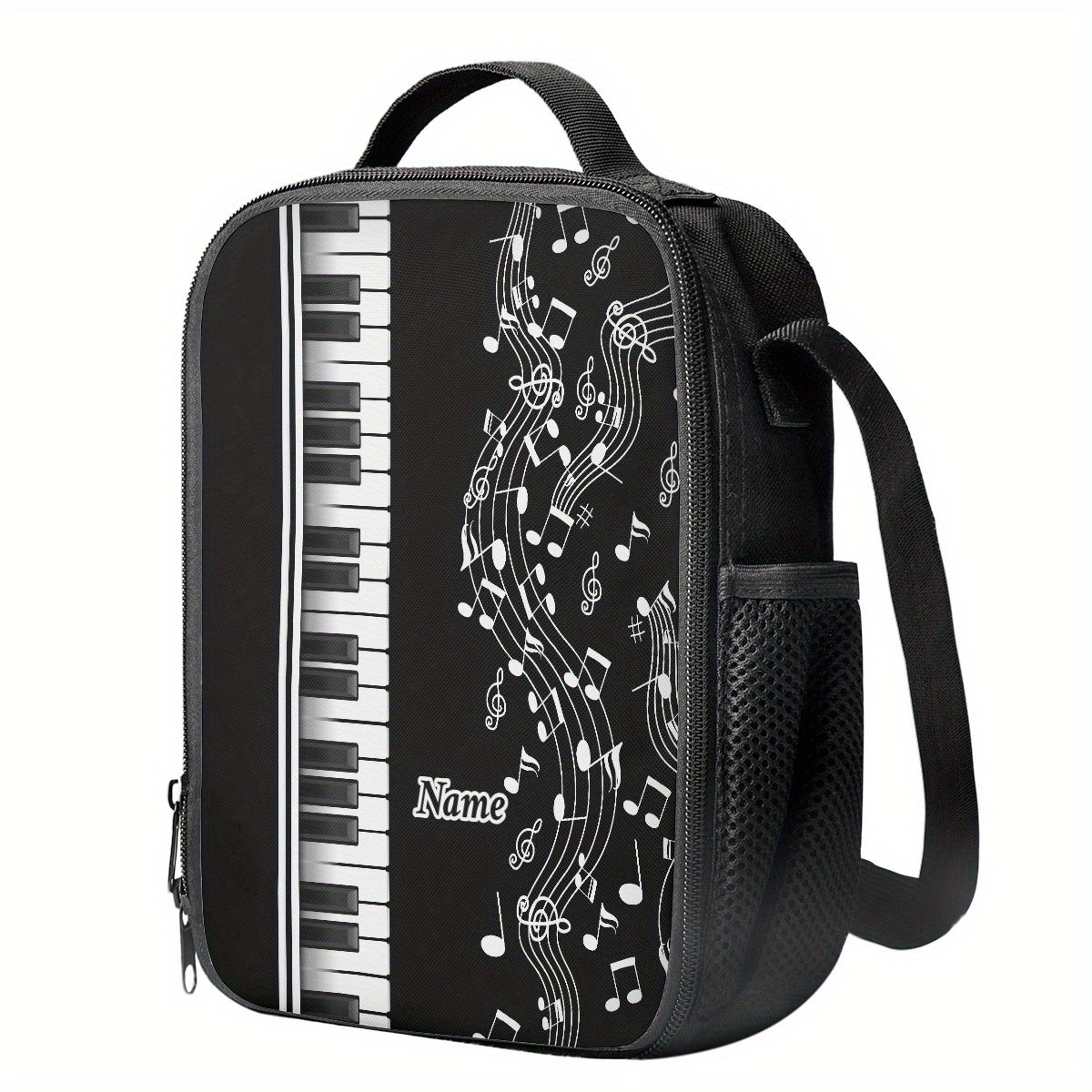 Customizable Piano-Themed 2D Printed Handbag - Black with White Music Notes & Red Accents, Durable Polyester, Personalized Name Option, Compact & Stylish for Commuting or Casual Use, Piano Accessories