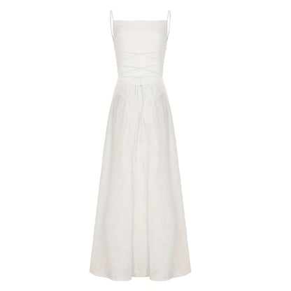 Chic And Alluring White Lace Dress with a Backless Design, Perfect for Summer Evening Parties. This Waist-Cinching A-Line Dress Is Flattering And Ideal for Vacations