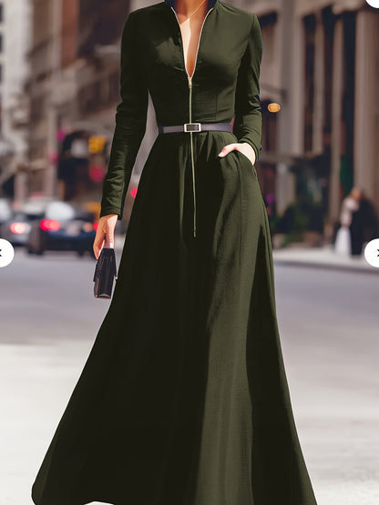 Elegant Women's Dress with a Lapel, Long Skirt, Long Sleeves, Zipper Details, Advanced Tailoring, Waist Cinching,, Flared Design, Fashionable, Elegant, Full of Aura, Queen-like Style, Suitable for Autumn Dates, Parties, Dinne