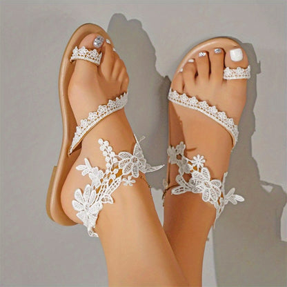Women's White Lace-like Faux Cover-like Sandals - Moccasin Toe & Ankle Strap with Arch, Lace-Up Closure & Loop - Breathable PU Sole Beach Shoes for Summer, Casual or Semi-Formal Events - Faux Cover Lining & Arch - Elegant Whi
