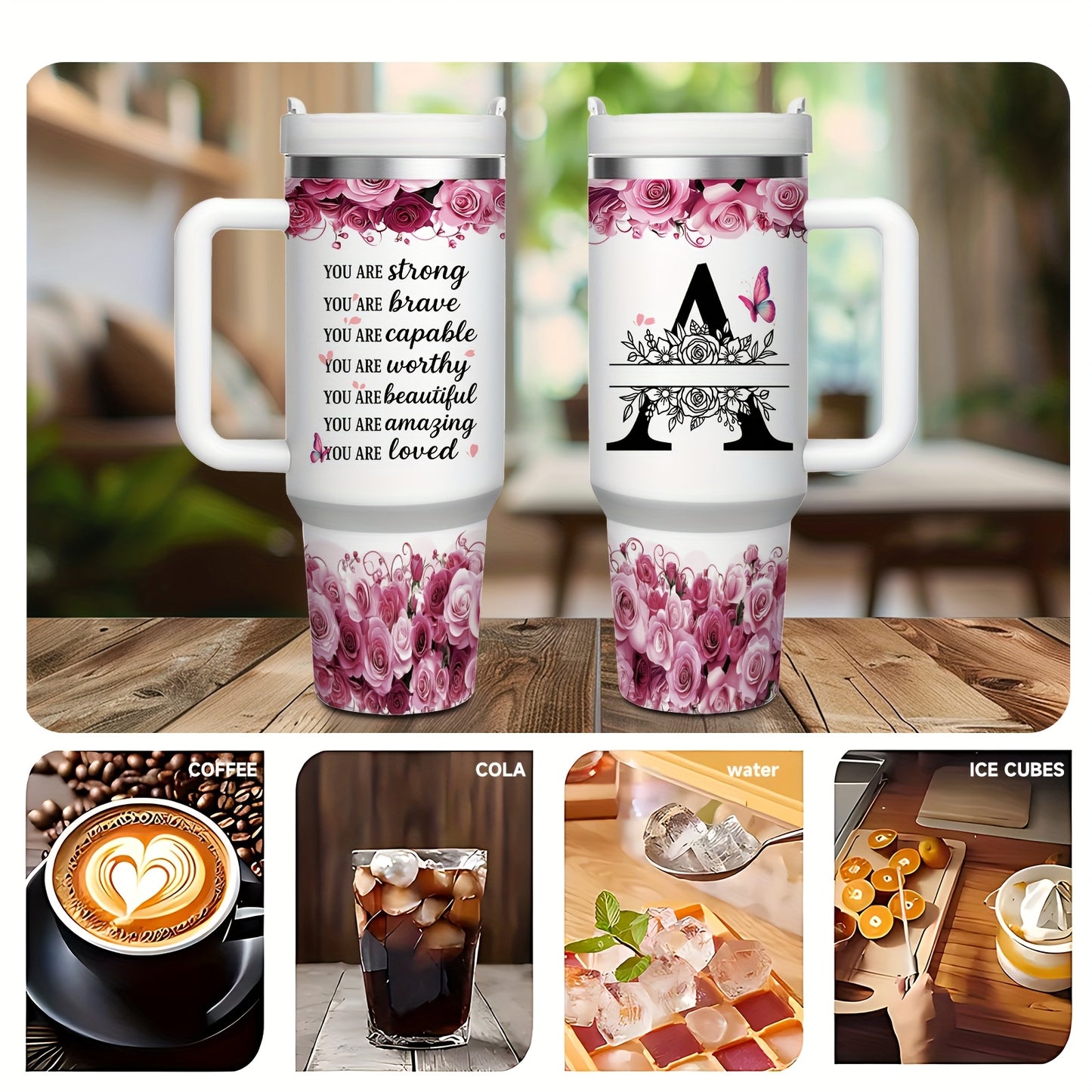 MIKENDA 1pc 40oz "A-Z Custom Letters & Name" Stainless Steel Travel Cup with Lid And Straw. Coffee Cup, Kitchen Drinkware. Great Gift for Women, Friends, Parents.for Mother's Day, Holidays. for Home & Outdoor Use.Halloween &
