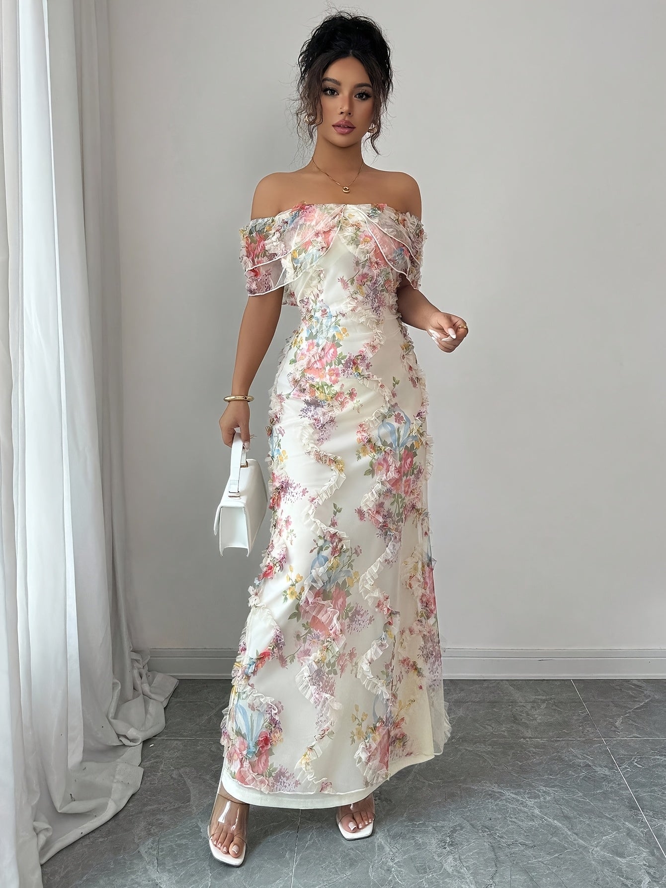 A Stylish And Romantic Off-Shoulder Bodycon Dress for Women, Featuring Ruffles And a Floral Sheer Design That Highlights The Waist