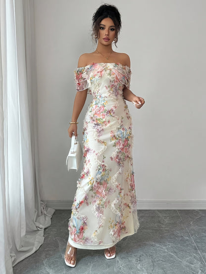 A Stylish And Romantic Off-Shoulder Bodycon Dress for Women, Featuring Ruffles And a Floral Sheer Design That Highlights The Waist