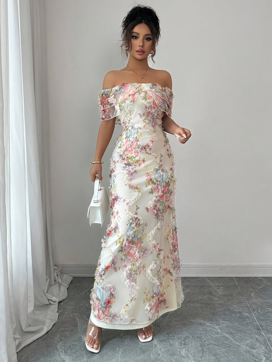 A Stylish And Romantic Off-Shoulder Bodycon Dress for Women, Featuring Ruffles And a Floral Sheer Design That Highlights The Waist