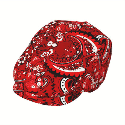 1pc Vintage Red Paisley Flat Cap - Full-Width Printing, Adjustable Strap for Men & Women, Lightweight Irish Newsboy Beret Ivy Cabbie Hat - Formal, Casual, Themed Events - Christmas, Graduation, Football Games - Easy-Care Poly