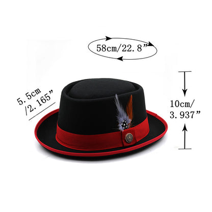Men'S & Women'S British Style Felt Top Hat with Feather-like Plume - Elegant Black/Red/Burgundy Jazz Hat, Small Brim & Wide Flat - Durable Felt Material for Weddings, Proms, Masquerade & Vintage Events - Unisex Vintage Access