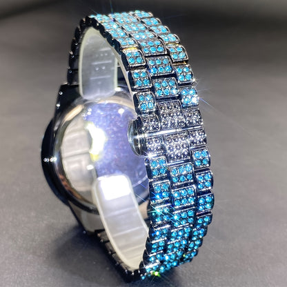 MISSFOX Luxury Rhinestone Couples Watch Compatible for - Ice Blue & Red Luminous Analog/, Calendar Chronograph (No Chronograph), Quartz Movement Wristwatch for Men & Women, Party & Casual Attire - Ideal Gift, Zinc Alloy Case/