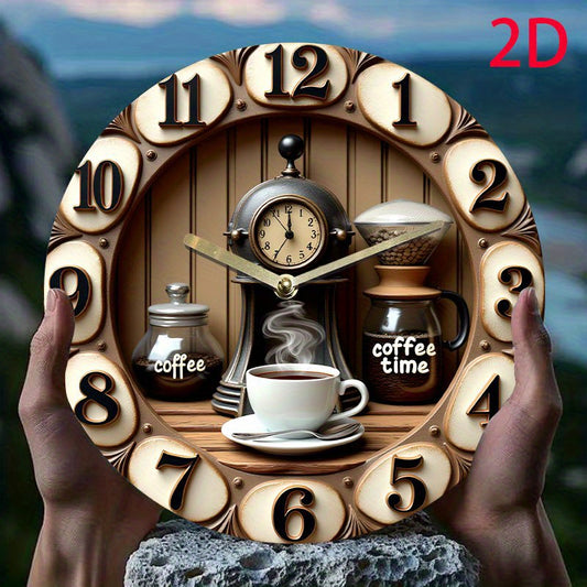 8.0inch Round Acrylic Silent Wall Clock - Coffee-Themed Design with Coffee Maker, Cup & "Coffee Time" Text, Vintage-Inspired Decor for Kitchen, Living Room, Bedroom - Battery Operated (AA Not Included), Coffee Bar Decor, Rust
