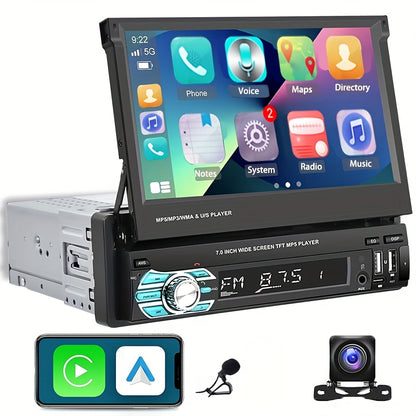 Podofo Wireless Carplayer - Single Din Car Stereo - 7 Inch HD Flip Out Touchscreen Car Radio - with Wireless Car Player Android Auto, Wireless, Type-C/USB/TF/AUX, SWC, FM, Voice Control, Backup Camera