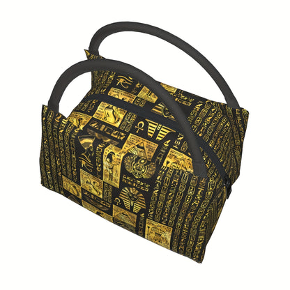1pc Egyptian-Themed Insulated Lunch Bag – Portable & Reusable Cooler Tote with Hieroglyphic Patterns, Black Handles, Perfect for Home, Office, Outdoor Use, and Gifts for Friends, Teens, and Family, Lunch Bag Insulated