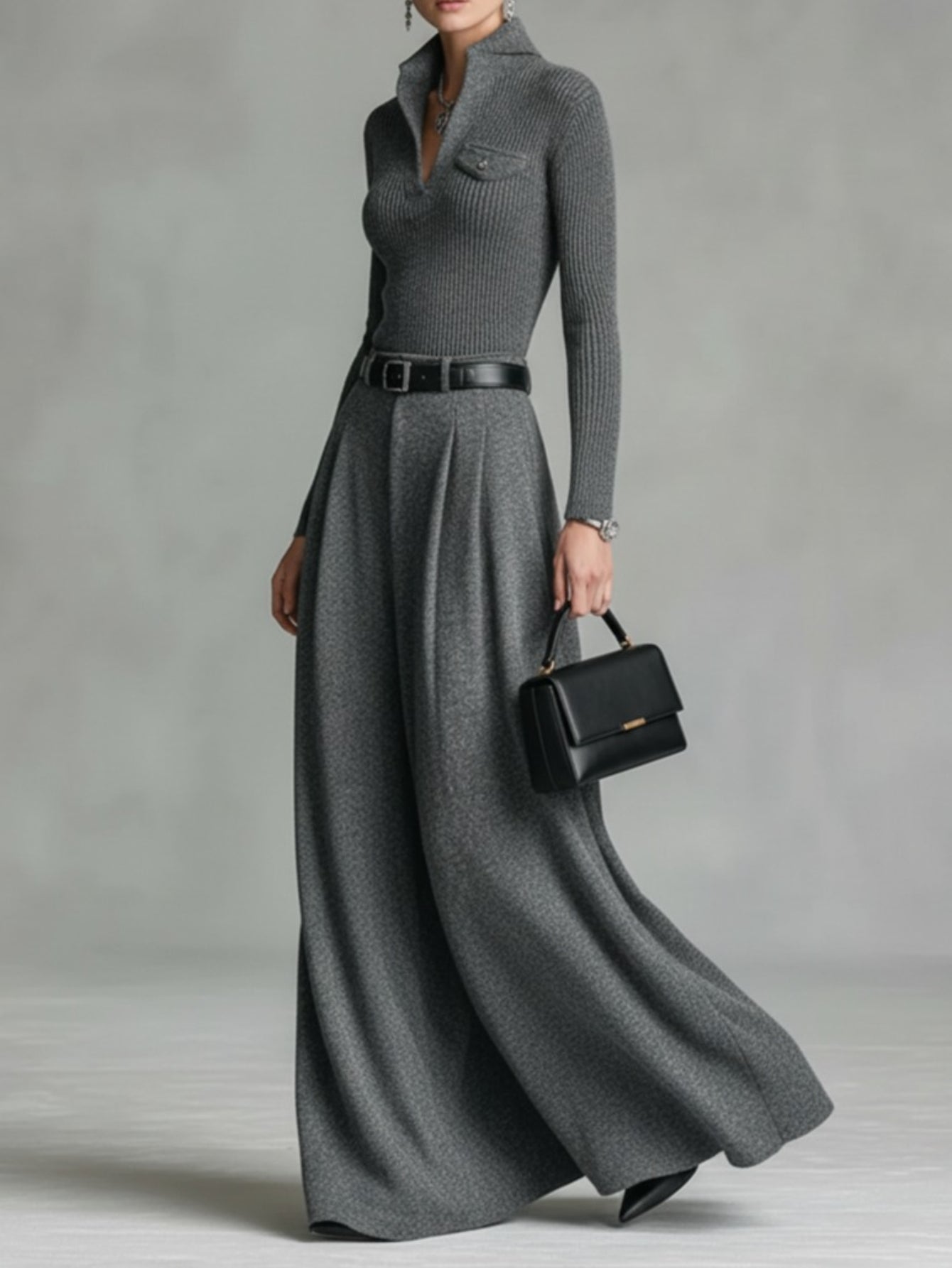 Women's - 2pcs Set: Gray Ribbed Top + Flowing Wide-Leg Skirt | Effortlessly chic pieces for city strolls, casual gatherings, and fall/winter outfits.