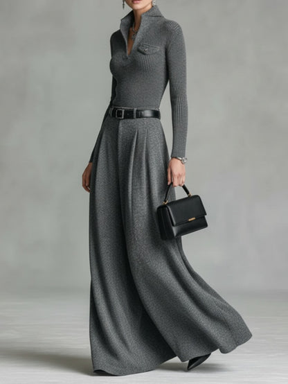 Women's - 2pcs Set: Gray Ribbed Top + Flowing Wide-Leg Skirt | Effortlessly chic pieces for city strolls, casual gatherings, and fall/winter outfits.