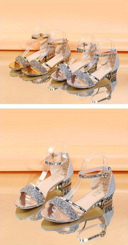 Women'S European-American Style Low Block Heel Sandals - Open-Toe with Adjustable Strap, Non-Slip Synthetic Sole - Size 43 (US 10.5) - for Parties, Weddings, Everyday - Summer Women'S Shoes, Wedding Footwear, Rhinestone Embel