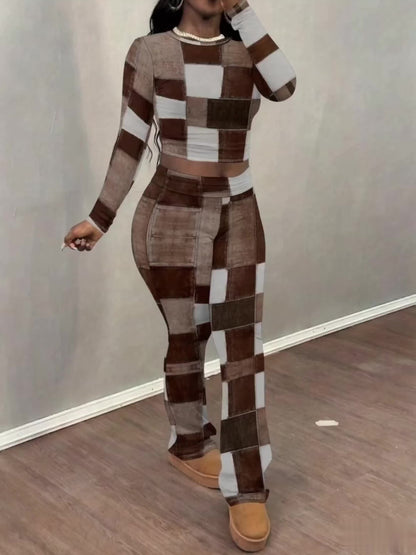 European and American style brown and white patchwork print two-piece set for women: long-sleeved cropped top + slightly flared trousers. Features visible stitching details for a unique and look.